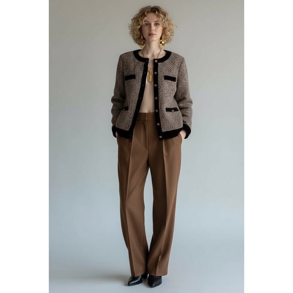 Women’s Gallery Ami  Elegant Tweed Cardigan with Velvet Trim and Gold buttons M